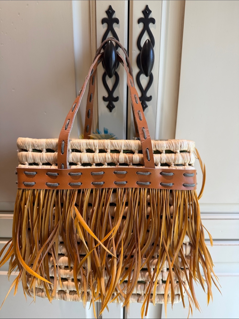 Boho Straw Fringe Tote with Blue & Yellow Feather Accent - Picture 2 of 5